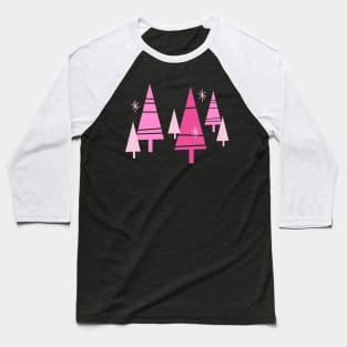 Retro Christmas Trees Pink - Mid Century Modern White Baseball T-Shirt